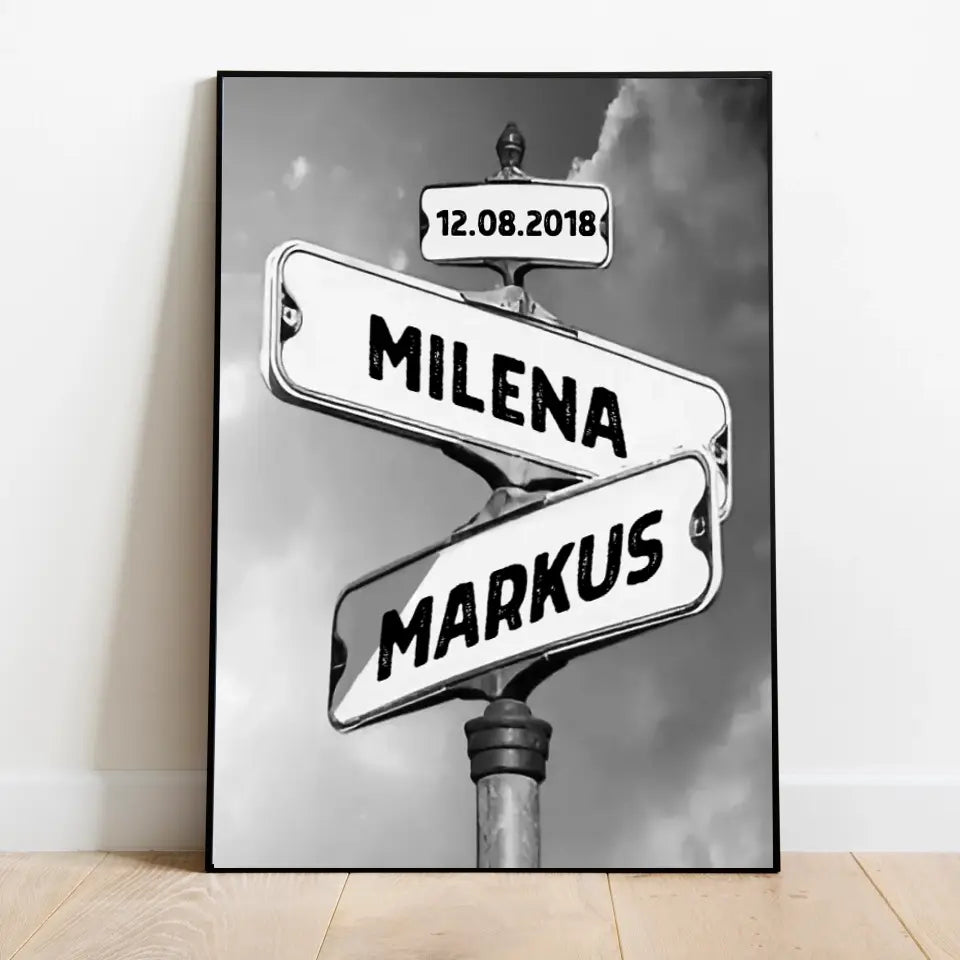 Straßenschild Pärchen Vintage - Personalisiertes Poster oder Leinwand Schwarz-Weiss