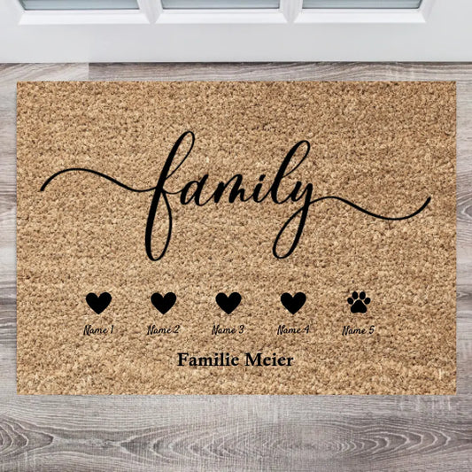Familie Herzchen - Personalisierte Familien Fußmatte (2-8 Personen, Kinder & Hunde, Katzen)