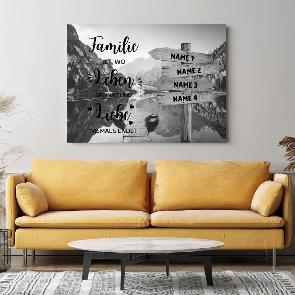 Familie ist wo das Leben beginnt - Personalisierte Familien-Leinwand mit Namen / Wegschild (2 - 8 Personen) Schwarz-Weiss