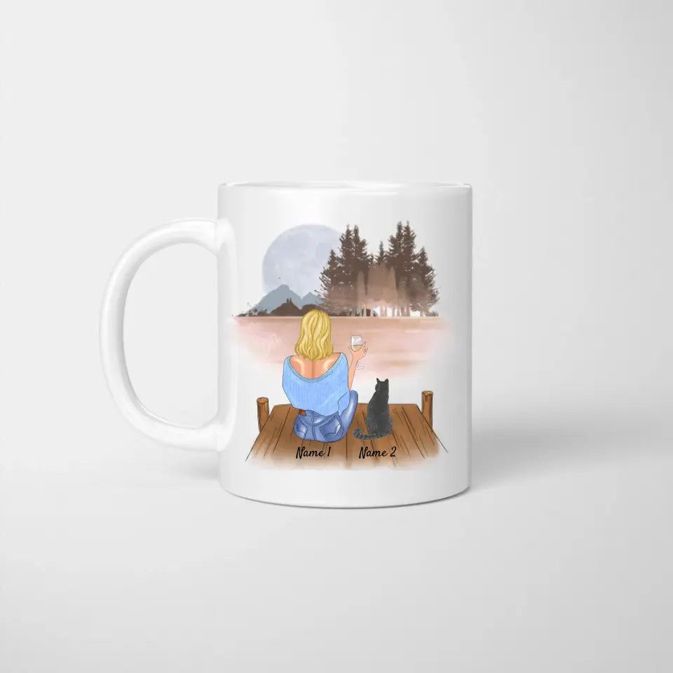 Woman with Cat & Drink - Personalized Mug (1-2 cats)