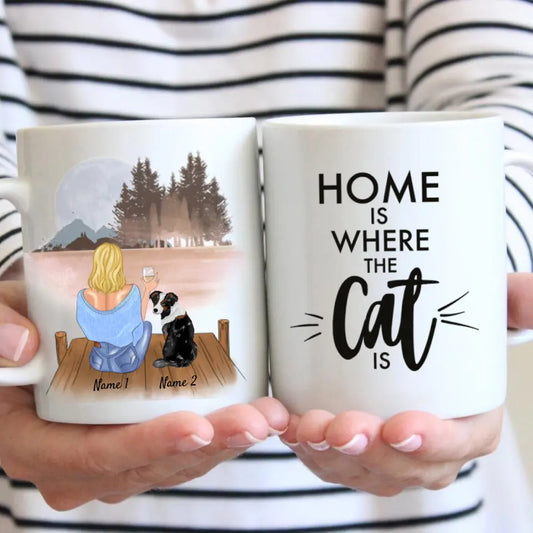 Woman with Dog & Drink - Personalized Mug (1-2 Dogs)