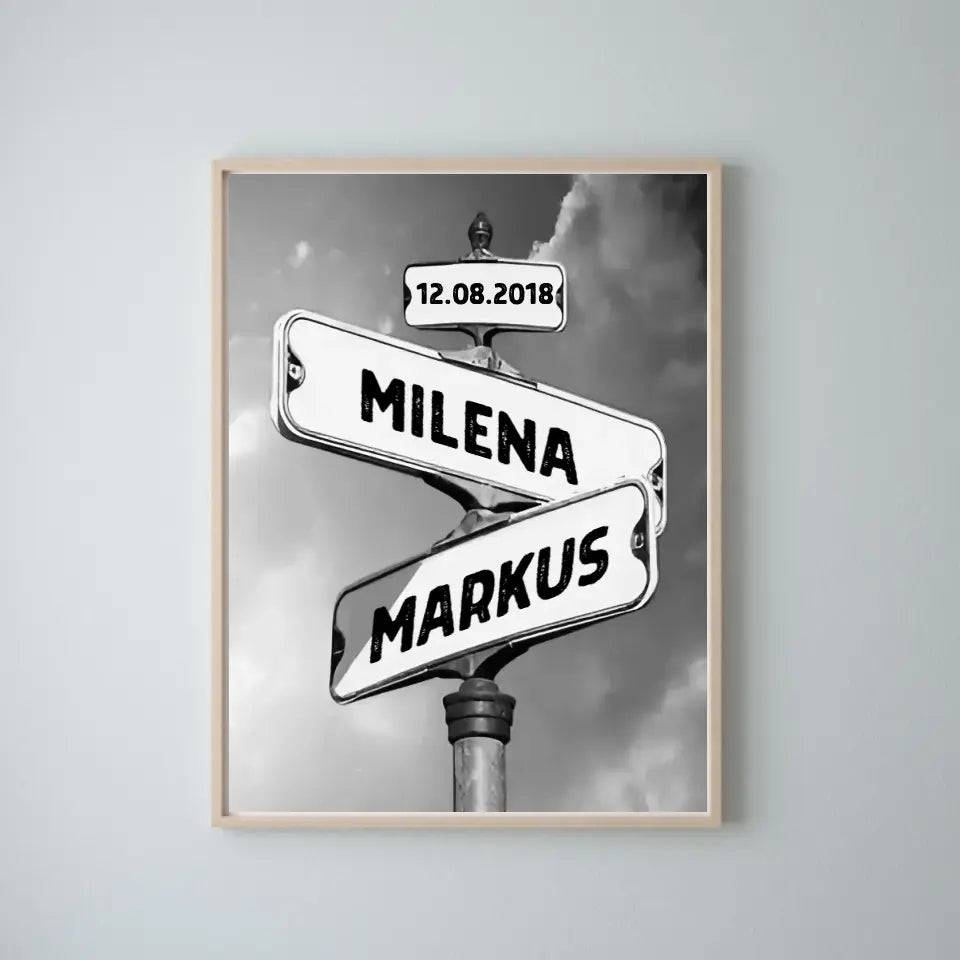 Straßenschild Pärchen Vintage - Personalisiertes Poster oder Leinwand Schwarz-Weiss