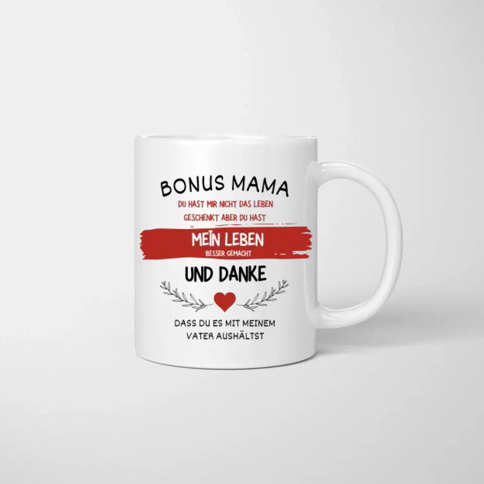 Danke Bonus Mama - Personalisierte Tasse Stiefmutter (Frau mit 1-4 Kinder)