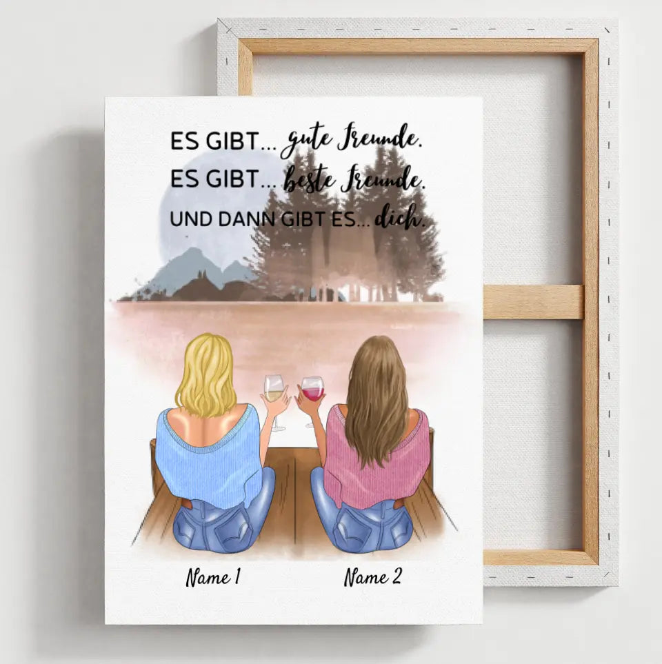 Beste Freundinnen/ Schwestern mit Getränk - Personalisierte Leinwand (2-4 Frauen)