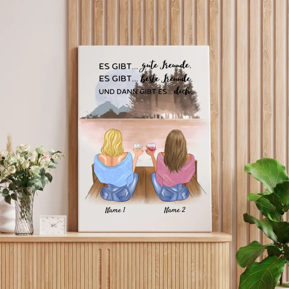 Beste Freundinnen/ Schwestern mit Getränk - Personalisierte Leinwand (2-4 Frauen)