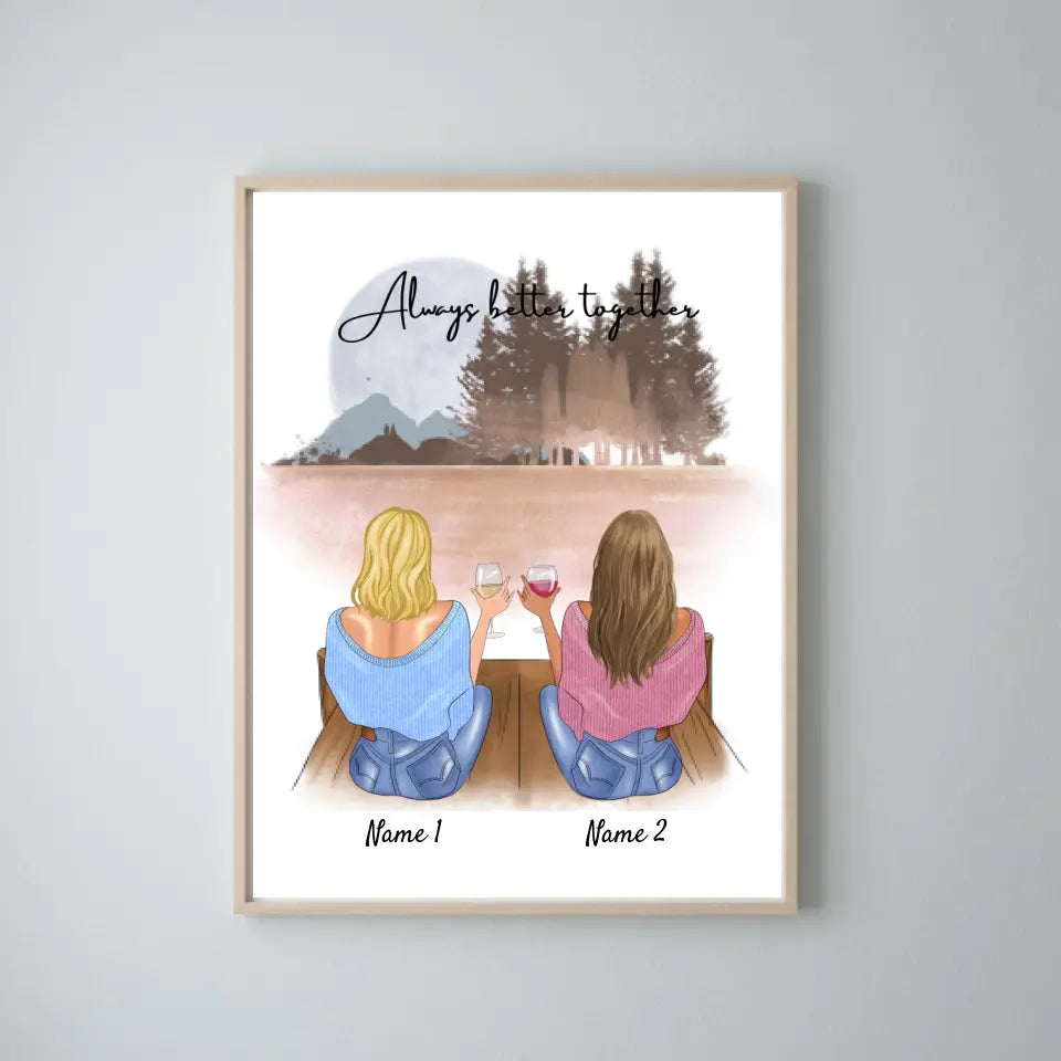 Beste Freundinnen/ Schwestern mit Getränk - Personalisierte Leinwand (2-4 Frauen)