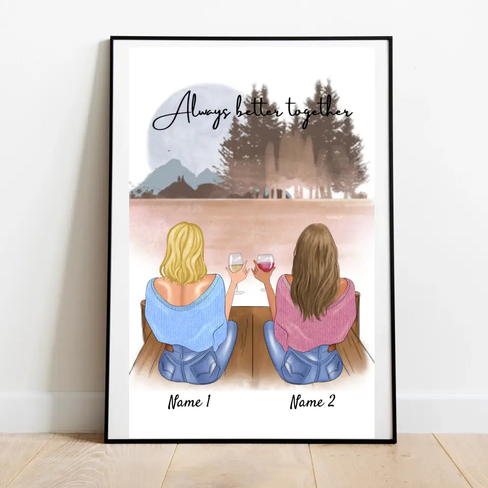 Beste Freundinnen/ Schwestern mit Getränk - Personalisierte Leinwand (2-4 Frauen)
