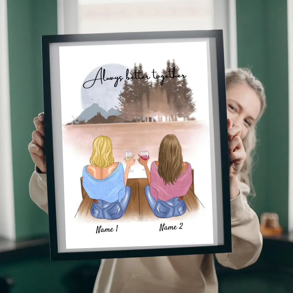 Beste Freundinnen/ Schwestern mit Getränk - Personalisierte Leinwand (2-4 Frauen)