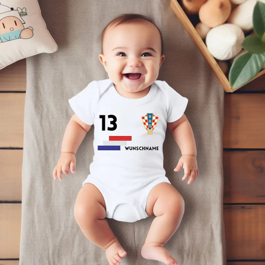 Fussball Kroatien - Personalisierter Baby-Onesie/ Strampler, Trikot mit anpassbarem Namen und Trikotnummer, 100% Bio-Baumwolle Baby Body