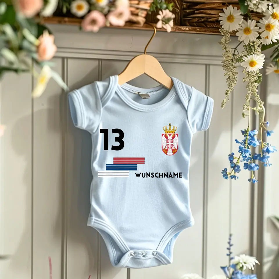 Fussball Serbien - Personalisierter Baby-Onesie/ Strampler, Trikot mit anpassbarem Namen und Trikotnummer, 100% Bio-Baumwolle Baby Body