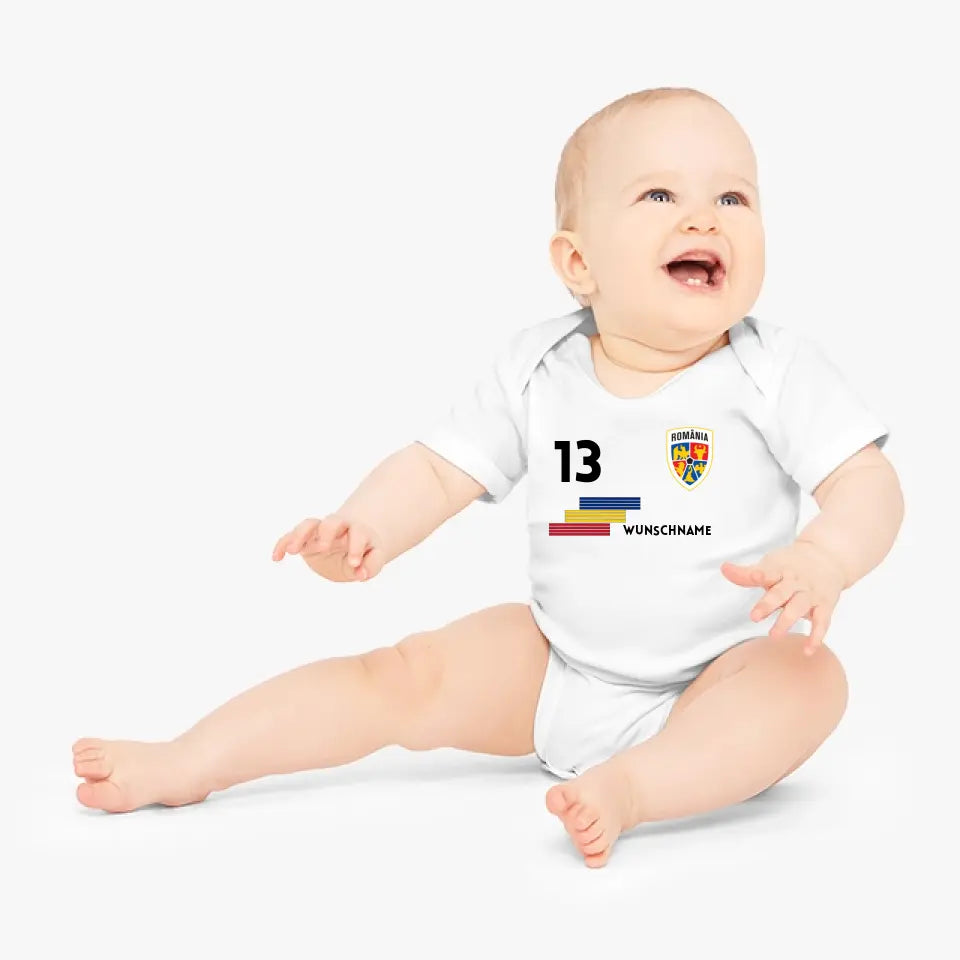 Fussball Rumänien - Personalisierter Baby-Onesie/ Strampler, Trikot mit anpassbarem Namen und Trikotnummer, 100% Bio-Baumwolle Baby Body