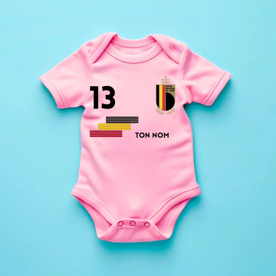 Maillot de foot Belgique - Body bébé personnalisé avec prénom et numéro de maillot personnalisables, 100% coton bio