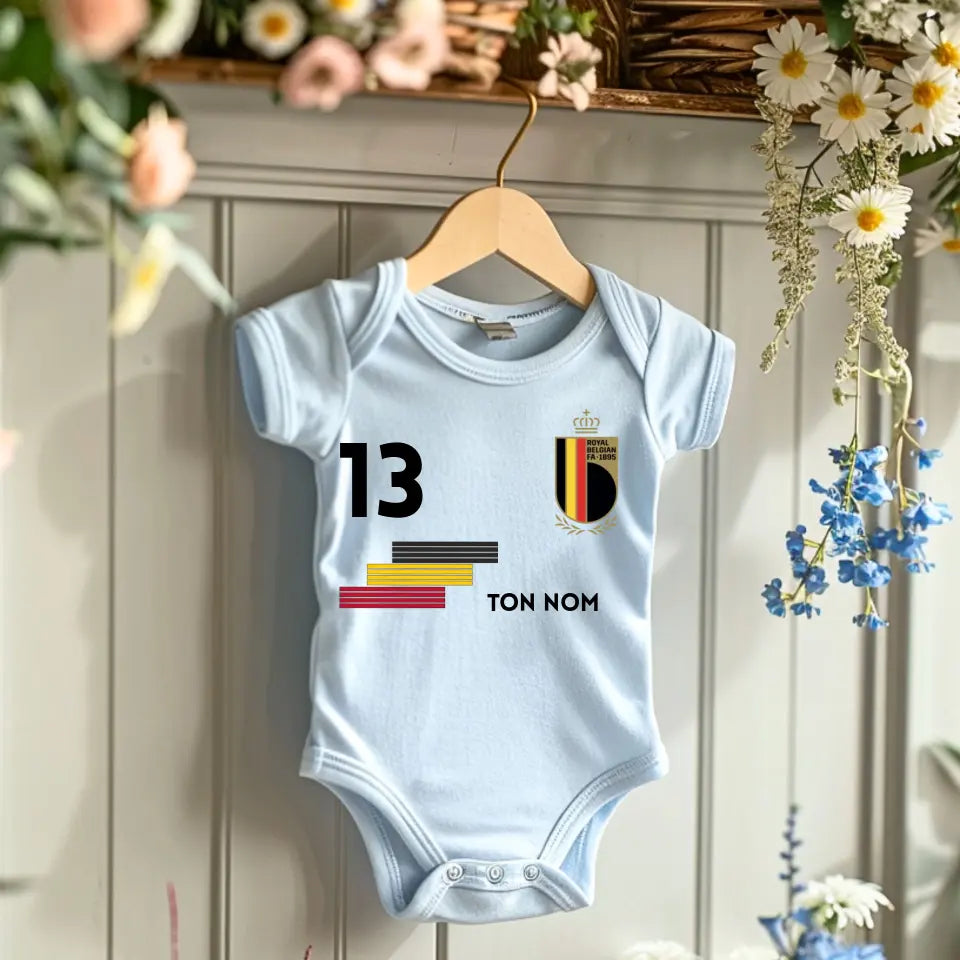 Maillot de foot Belgique - Body bébé personnalisé avec prénom et numéro de maillot personnalisables, 100% coton bio