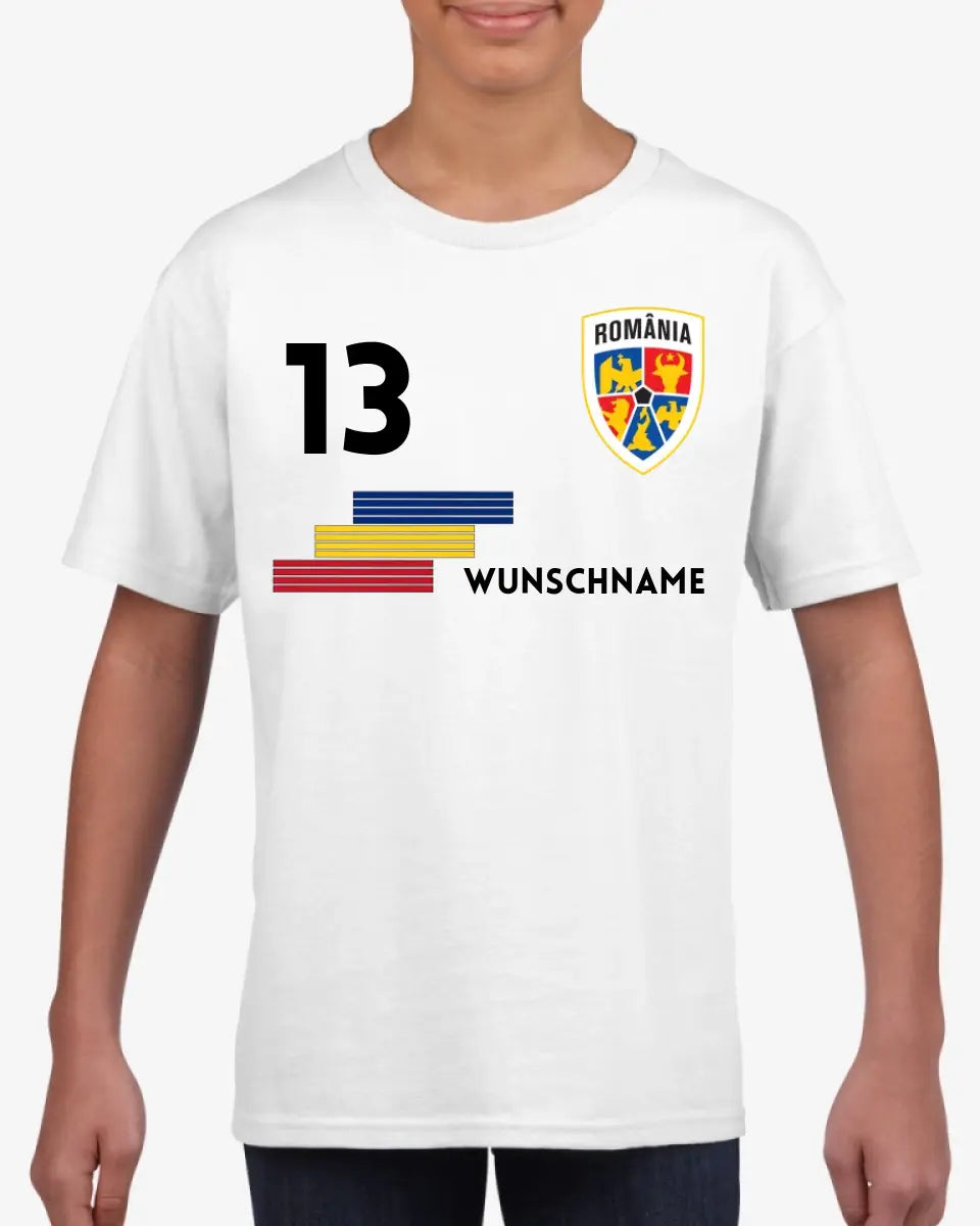 EM Rumänien Kinder-Trikot - Personalisiertes T-Shirt für Kinder, Fußball (100% Baumwolle, individuelle Nummer & Wunschname)