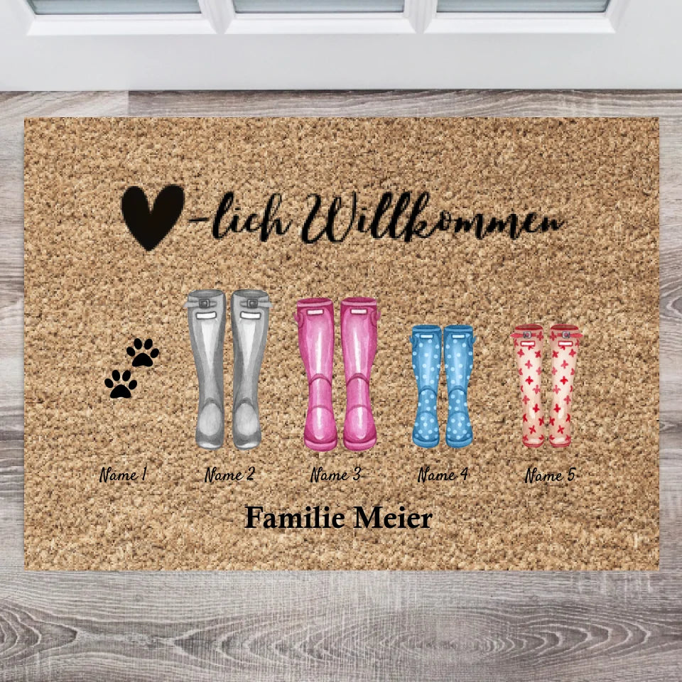 Herzlich Willkommen Gummistiefel - Personalisierte Fußmatte für innen & aussen (2-8 Personen, Kinder, Babys & Haustiere)