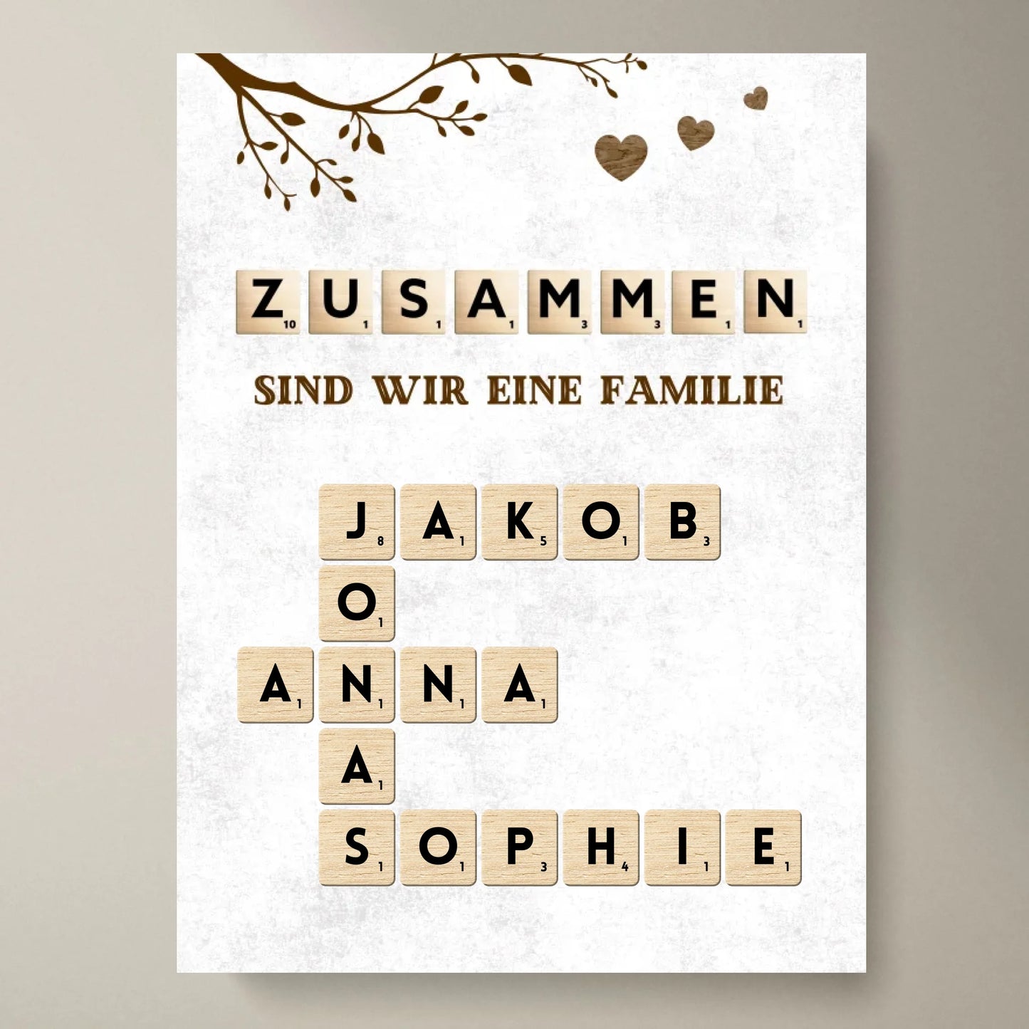 Personalisierte Scrabble Leinwand mit Namen deiner ganzen Familie - "Zusammen sind wir eine Familie"