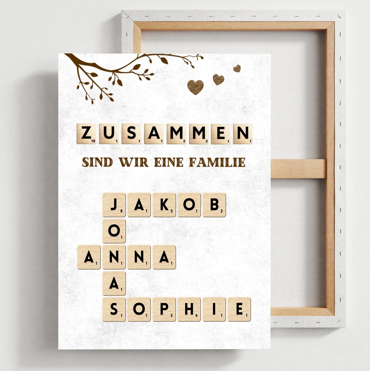 Personalisierte Scrabble Leinwand mit Namen deiner ganzen Familie - "Zusammen sind wir eine Familie"