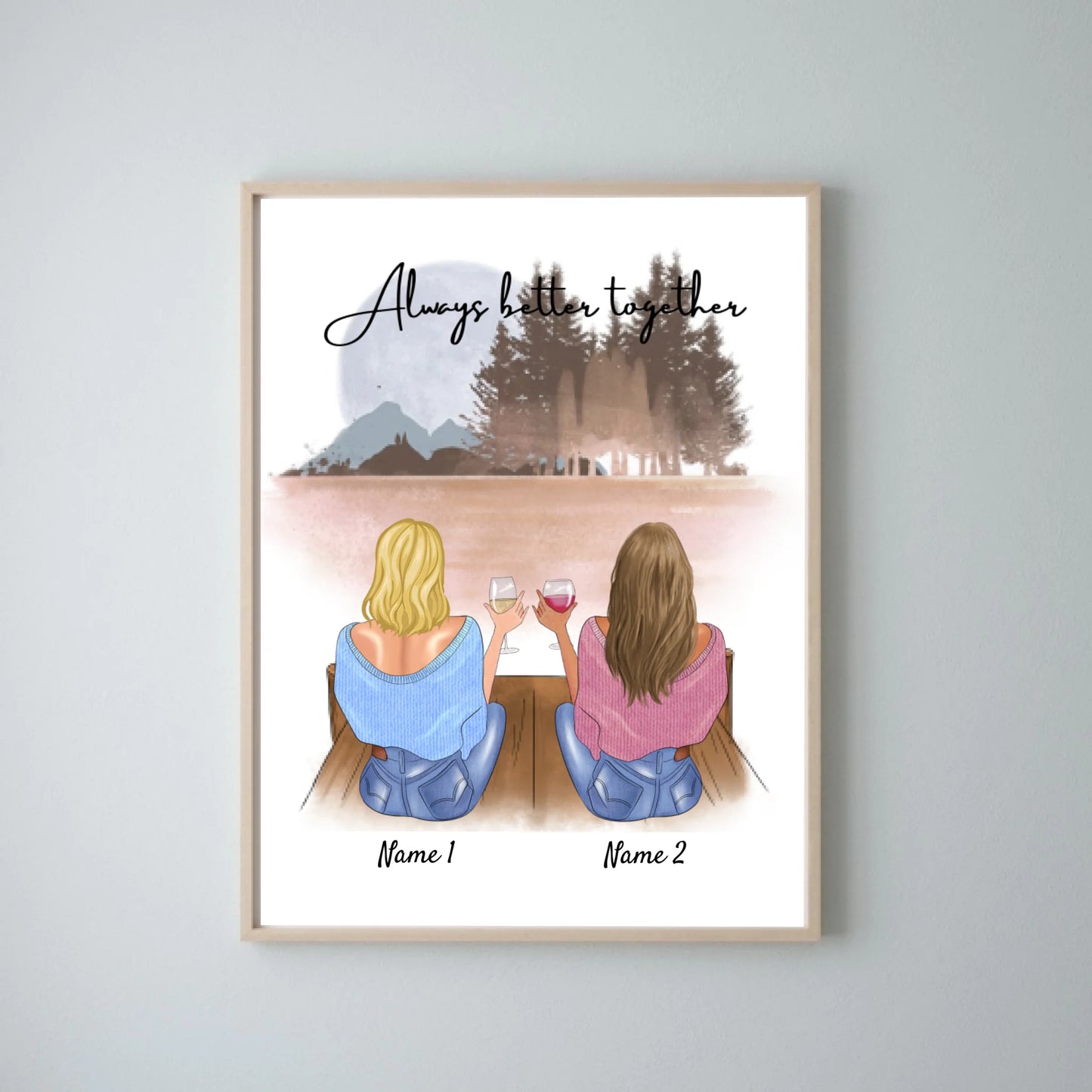 Beste Freundinnen/ Schwestern - Personalisiertes Poster mit Rahmen (bis 4 Personen)