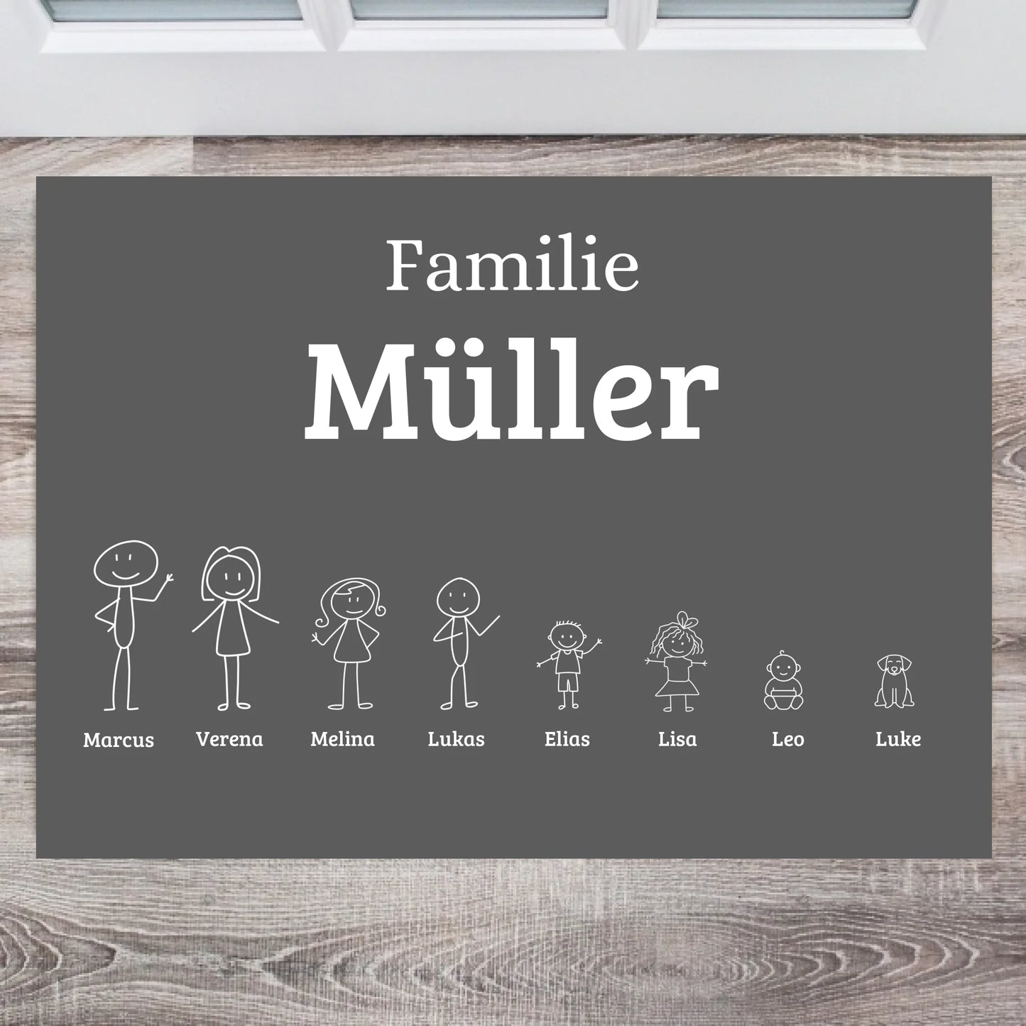 Strichmännchen Familie - Personalisierte Fußmatte mit der ganzen Familie (Kinder, Haustiere)