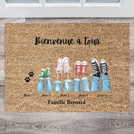 Bienvenue dans notre famille - Paillasson familial personnalisé (2-8 personnes, enfants & animaux)