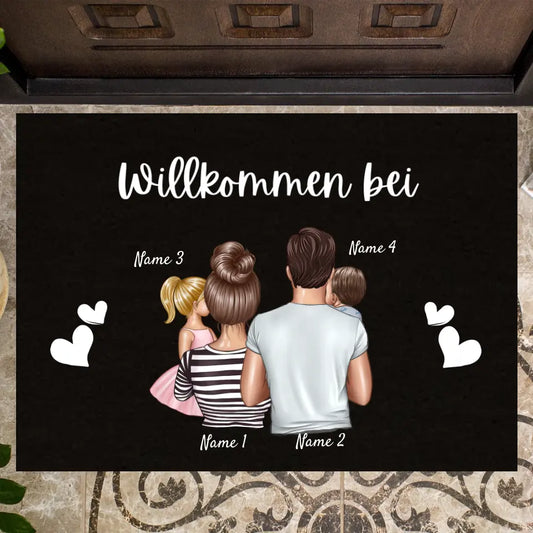 "Willkommen bei uns" Personalisierte Familien Fußmatte Schwarz (bis zu 4 Kinder)