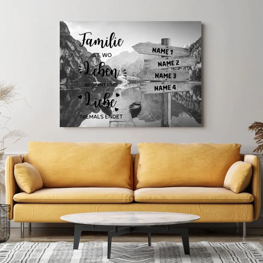Familie ist wo das Leben beginnt - Personalisierte Familien-Leinwand mit Namen / Wegschild (2 - 8 Personen) Schwarz-Weiss