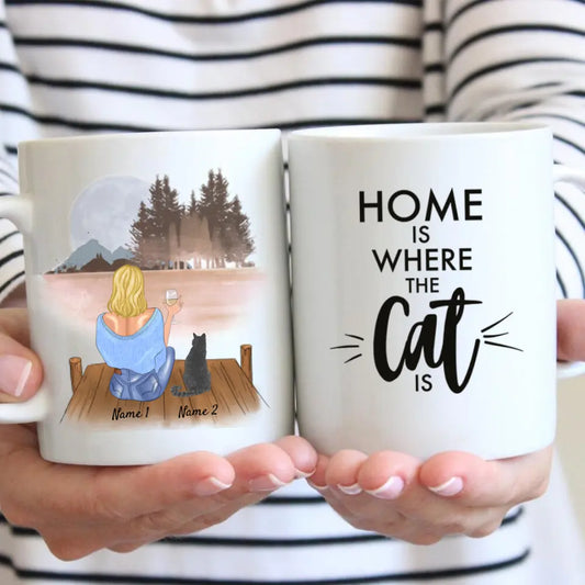 Woman with Cat & Drink - Personalized Mug (1-2 cats)