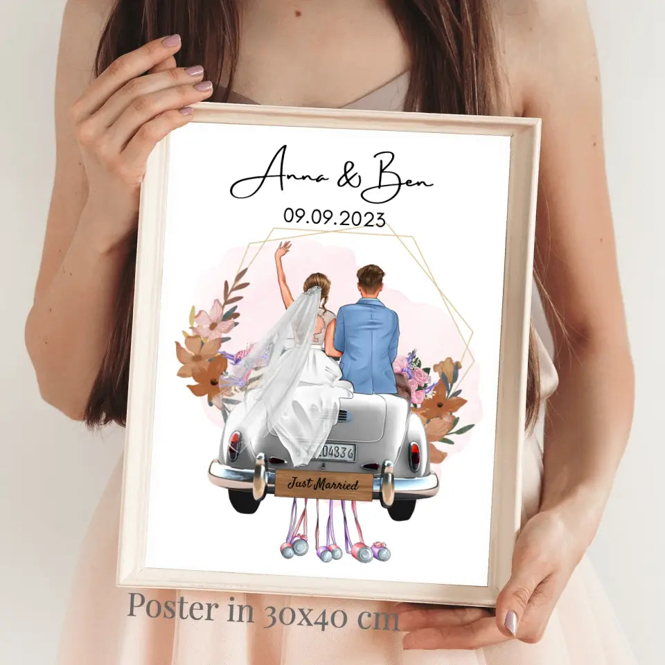 "Just Married" Personalisiertes Poster zur Hochzeit - Für Ehepaare, Braut & Bräutigam, Geldgeschenk, Hochzeitsgeschenk