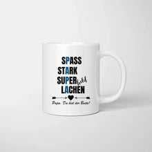 Load image into Gallery viewer, Papa Tasse: Spass, Stark, Superheld &amp; Lachen - Personalisierte Tasse (Vater mit 1-4 Kinder)
