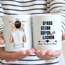 Load image into Gallery viewer, Papa Tasse: Spass, Stark, Superheld &amp; Lachen - Personalisierte Tasse (Vater mit 1-4 Kinder)
