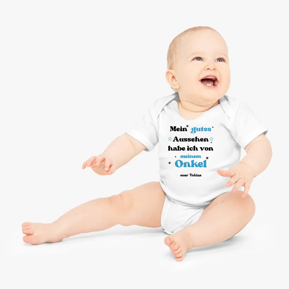 Mein gutes Aussehen von meinem ONKEL - Personalisierter Baby-Onesie/ Strampler, Geburt Onkel, Tante, Oma, Opa, 100% Bio-Baumwolle Body