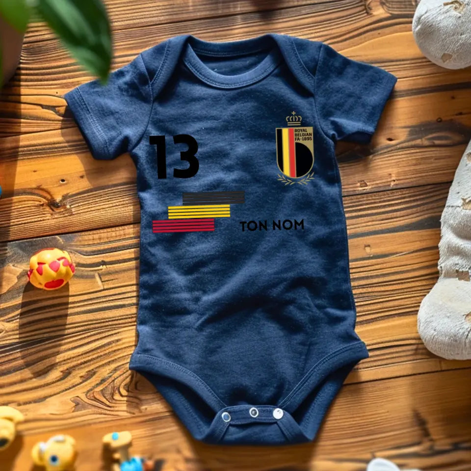 2024 Maillot de foot Euro Belgique - Body bébé personnalisé avec prénom et numéro de maillot personnalisables, 100% coton bio