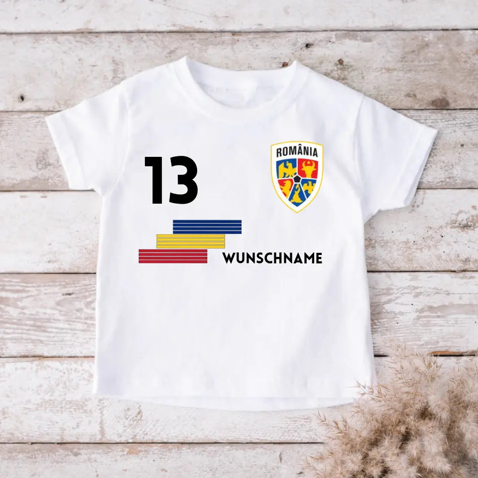 EM Rumänien Kinder-Trikot - Personalisiertes T-Shirt für Kinder, Fußball EM 2024(100% Baumwolle, individuelle Nummer & Wunschname)