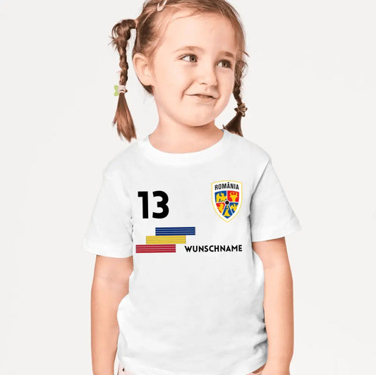 EM Rumänien Kinder-Trikot - Personalisiertes T-Shirt für Kinder, Fußball (100% Baumwolle, individuelle Nummer & Wunschname)