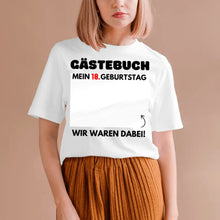 Load image into Gallery viewer, Gästebuch Geburtstag - Personalisiertes T-Shirt zum beschriften (100% Baumwolle, Unisex)
