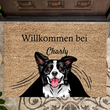 Load image into Gallery viewer, Personalisierte Haustier Fußmatte Hund &amp; Katze &quot;unterm Vorhang&quot; (1-4 Haustiere)
