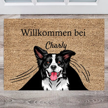 Load image into Gallery viewer, Personalisierte Haustier Fußmatte Hund &amp; Katze &quot;unterm Vorhang&quot; (1-4 Haustiere)
