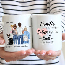 Load image into Gallery viewer, Personalisierte Familien Tasse &quot;Wo die Liebe niemals endet&quot; (1-4 Kinder + Haustiere)
