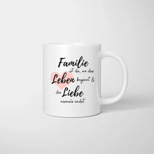 Load image into Gallery viewer, Personalisierte Familien Tasse &quot;Wo die Liebe niemals endet&quot; (1-4 Kinder + Haustiere)
