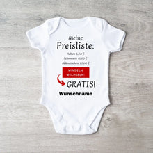 Load image into Gallery viewer, Baby Preisliste, Windeln wechseln gratis - Personalisierter Baby-Onesie/ Strampler, witziges Weihnachtsgeschenk, 100% Bio-Baumwolle
