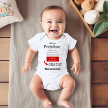 Load image into Gallery viewer, Baby Preisliste, Windeln wechseln gratis - Personalisierter Baby-Onesie/ Strampler, witziges Weihnachtsgeschenk, 100% Bio-Baumwolle
