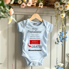 Load image into Gallery viewer, Baby Preisliste, Windeln wechseln gratis - Personalisierter Baby-Onesie/ Strampler, witziges Weihnachtsgeschenk, 100% Bio-Baumwolle
