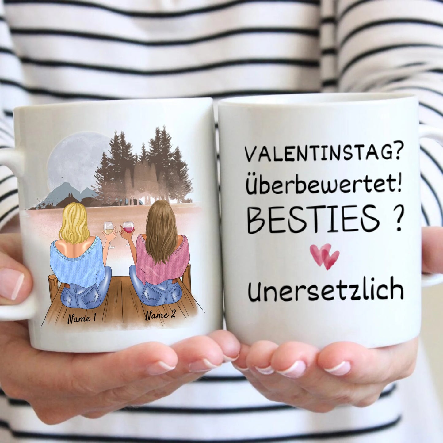 Valentinstag? Überbewertet! Besties? Unersetzlich! - Personalisierte Tasse für Freundinnen, Kolleginnen, Geschwister (2-4 Personen)