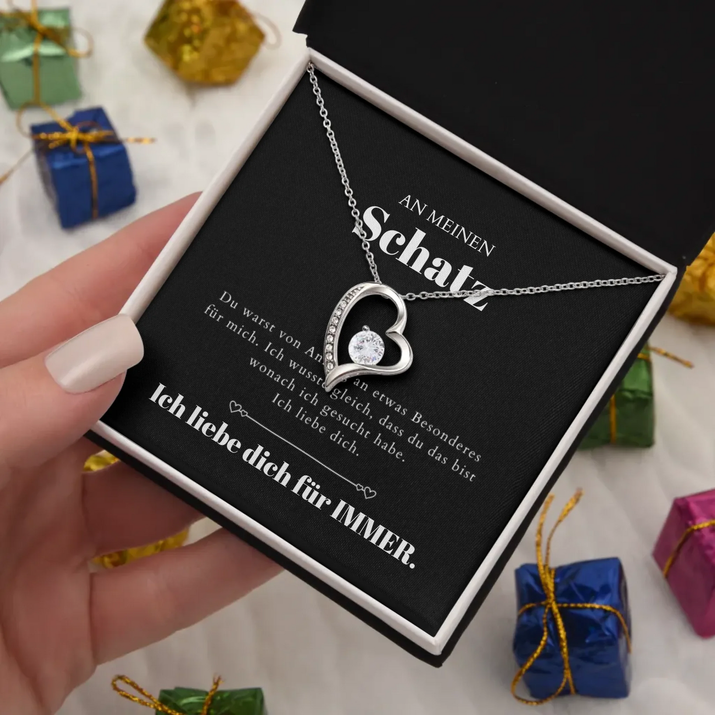 Ich liebe dich - Halskette mit Gold-Herzanhänger & personalisierter Karte (Valentinstagsgeschenk)