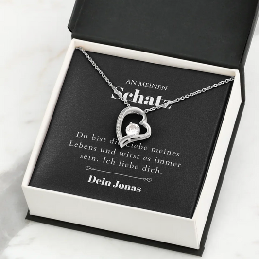 Liebe meines Lebens - Halskette mit Gold-Herzanhänger & personalisierter Karte (Valentinstagsgeschenk)