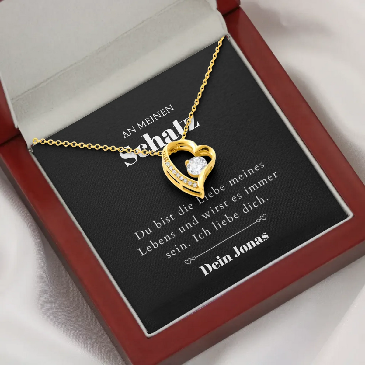 Liebe meines Lebens - Halskette mit Gold-Herzanhänger & personalisierter Karte (Valentinstagsgeschenk)