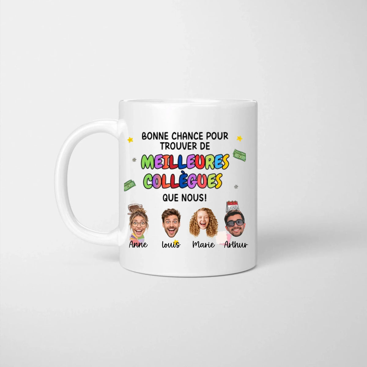 Tasse d'adieu « Bonne chance » personnalisée pour les collègues, avec des visages découpés