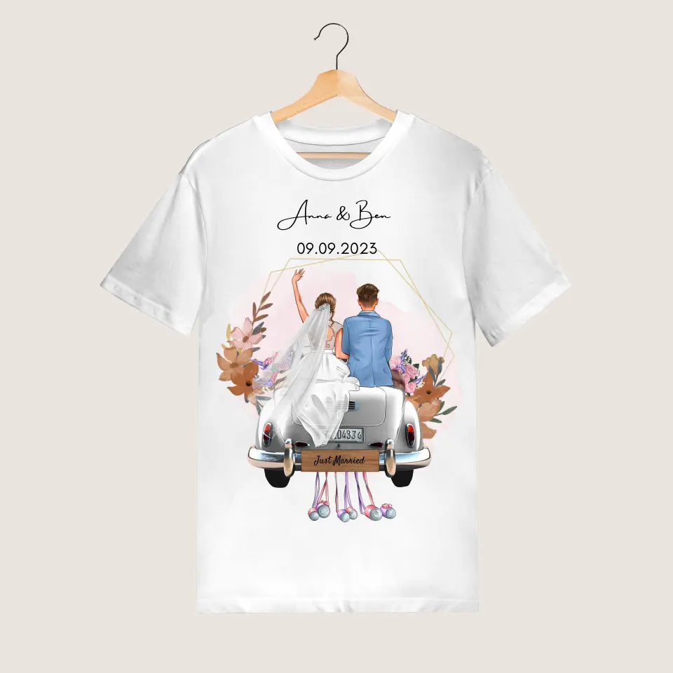 "Just Married" Personalisiertes T-Shirt zur Hochzeit - Für Brautpaar, Braut & Bräutigam, Hochzeitsgeschenk