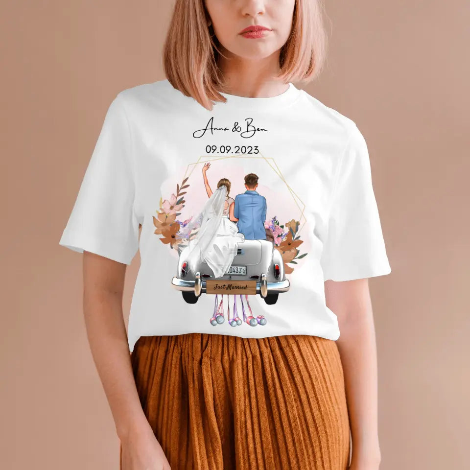 "Just Married" Personalisiertes T-Shirt zur Hochzeit - Für Brautpaar, Braut & Bräutigam, Hochzeitsgeschenk