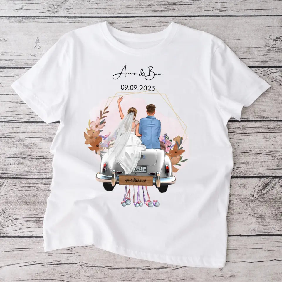 "Just Married" Personalisiertes T-Shirt zur Hochzeit - Für Brautpaar, Braut & Bräutigam, Hochzeitsgeschenk